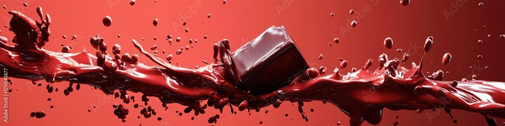 Poster 3d rendering of chocolate droplets with colorful ink splashes and abstract liquid flow
