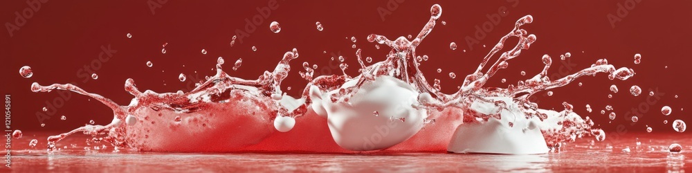 Poster 3d render of delicious chocolate drop with liquid ink splash in vivid red and white abstract design