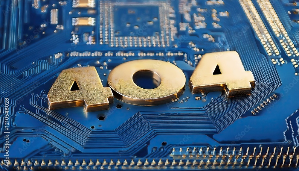 Poster close-up of gold '404' error code on circuit board