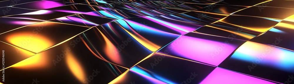 Poster a striking y2k design showcases a black-and-gold checkerboard pattern with neon edges. holographic r