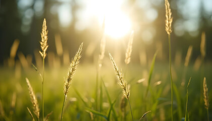 Fototapeta premium Campo de hierba y espigas. Fondo suave y difuminado con un ambiente de atardecer o amanecer