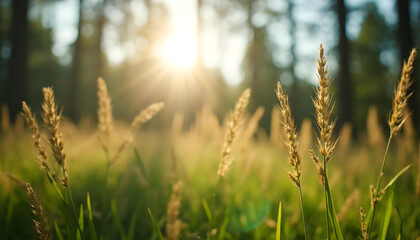 Fototapeta premium Campo de hierba y espigas. Fondo suave y difuminado con un ambiente de atardecer o amanecer