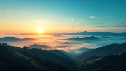 a stunning sunrise illuminating rolling hills and a sea of clouds, creating a breathtaking natural vista