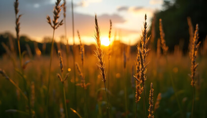 Obraz premium Campo de hierba y espigas. Fondo suave y difuminado con un ambiente de atardecer o amanecer