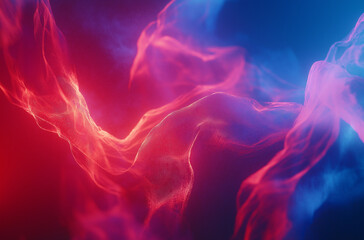 Obraz premium Red and Blue Light with Flowing Flames, Surreal Abstract Shapes on a Dark Gradient Background, Featuring Glowing Particles, Optical Flares, and Soft Lighting Effects for a Mystical Atmosphere