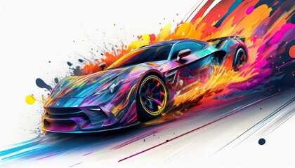 Vibrant Artistic Sports Car in Motion with Color Splash