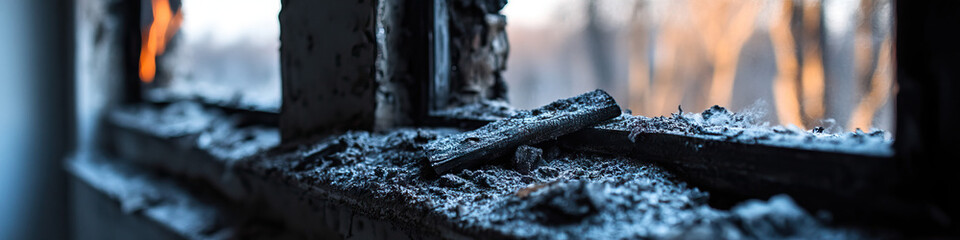 Naklejka premium Fire-Damaged Windowsill with Charred Wood and Ash