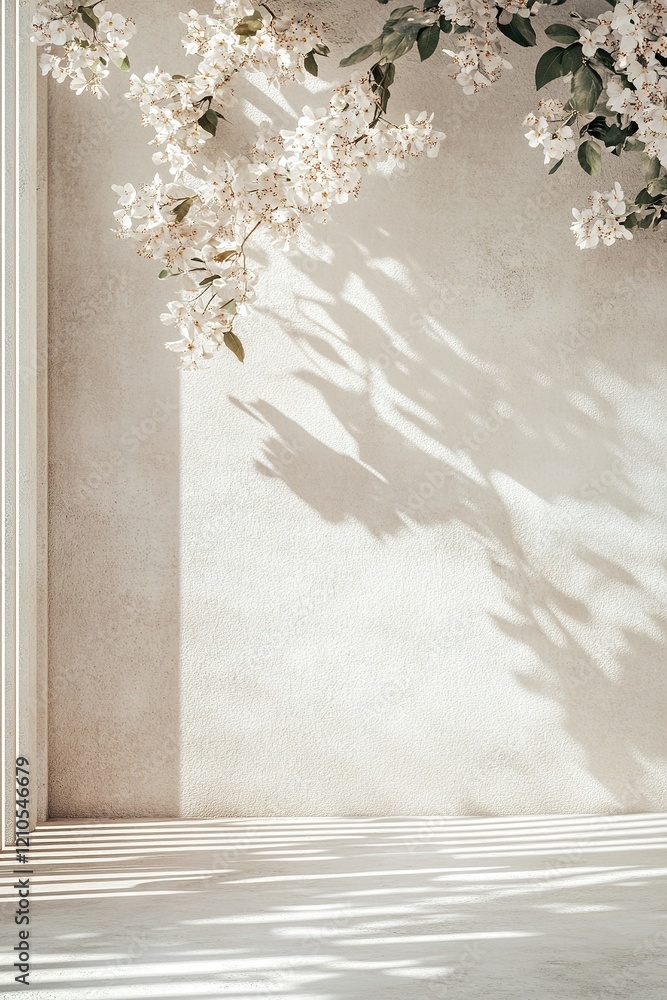 Poster the setting showcases a smooth concrete wall adorned with subtle shadows from linear structures, com