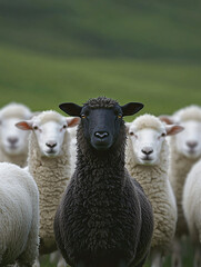 Obraz premium A single black sheep standing confidently among a group of white sheep in a green pasture, symbolizing individuality and boldness in growth 