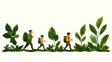 Hikers trekking through lush greenery, enjoying nature's beauty; ideal for travel brochures or adventure blogs