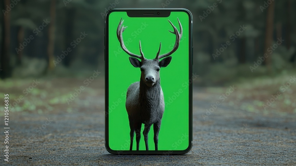 Poster smartphone displaying a deer on a green screen in a forest.