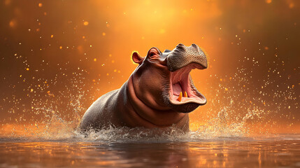 Hippopotamus yawning in African river at sunset; wildlife illustration for nature documentaries