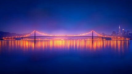 Obraz premium Illuminated bridge at twilight, city skyline reflection, calm water, nighttime cityscape