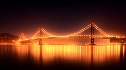 Obraz premium Illuminated bridge at night, city skyline reflected in calm water, nighttime cityscape background; ideal for travel or city brochures