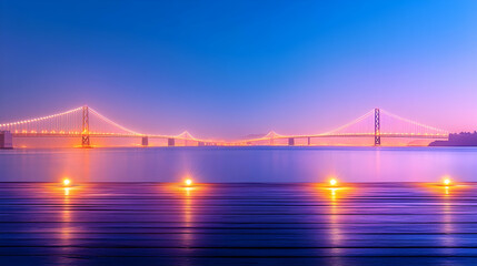 Obraz premium Illuminated dock overlooking a city bridge at twilight; perfect for travel brochures or websites