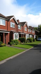 Row of brick houses with well-manicured lawns on a sunny day in a suburban neighborhood featuring clear skies and a peaceful atmosphere
