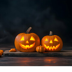 Illuminated jack-o'-lanterns on wooden board, dark background, Halloween celebration, festive card design