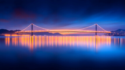 Obraz premium Illuminated suspension bridge at sunrise, reflecting in calm water, cityscape backdrop; ideal for travel brochures