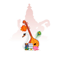 Vasant Panchami, saraswati puja Poster, Indian classical music instruments and symbols