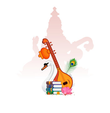 Vasant Panchami, saraswati puja Poster, Indian classical music instruments and symbols