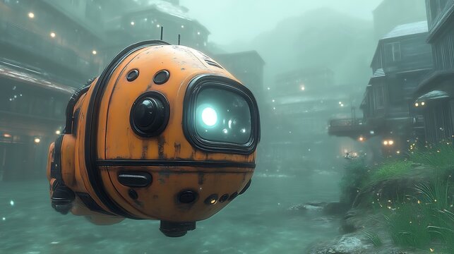 Rusty orange robot floats over misty canal town.