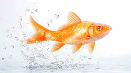 Leaping goldfish, water splash, white background, aquatic life, perfect for advertising