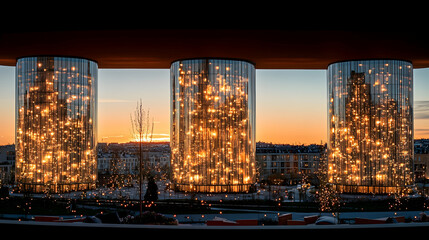 Illuminated columns at sunset, city panorama, festive lights, winter scene, architectural detail