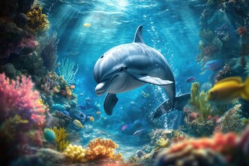 Obraz premium Majestic Dolphin Swimming Through Vibrant Coral Reef, Approaching the Viewer in a Captivating Underwater Scene