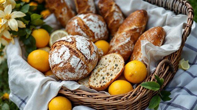 Well-stocked picnic basket with fresh bread, fruits, and snacks, ideal for outdoor lifestyle and food videos