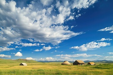 Fototapeta premium Mongolian Yurta Encampment Amidst Lush Summer Meadows at Nalati Scenic Overlook, Xinjiang, China