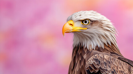 Obraz premium Majestic Bald Eagle Profile, Pink Background, Wildlife Portrait, Nature Photography, Educational Use