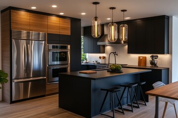 A modern kitchen with matte black cabinetry, sleek appliances, and warm wood accents