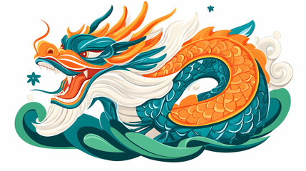 Majestic teal and orange dragon soaring over stylized waves, suitable for Chinese New Year celebrations or Asian-themed designs