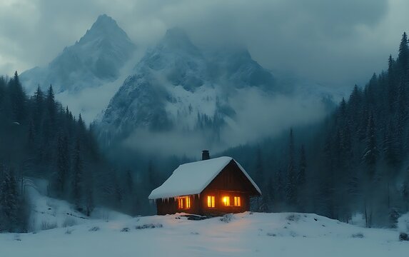 Cozy cabin glowing in snowy mountains at night.