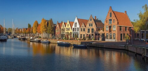 Obraz premium Quayside Reflections: Historic Homes and Boats along a Calm Canal in Autumn