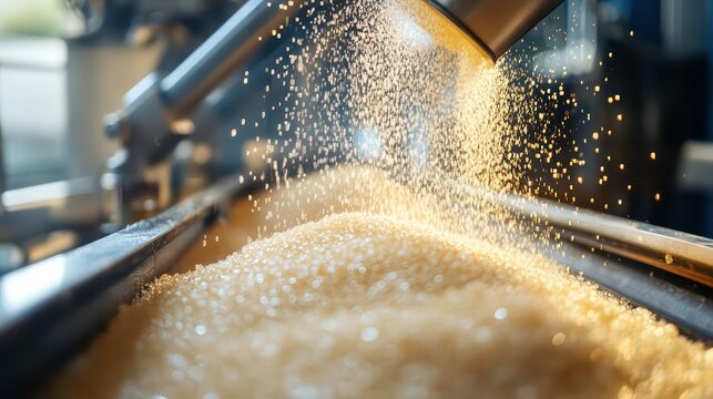 Close-up of granulated sugar flowing from a machine onto a conveyor belt in a food processing plant.