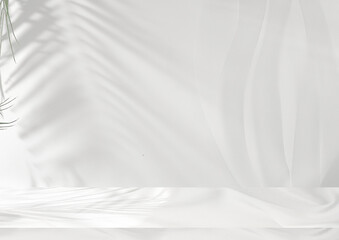 Empty premium podium with tropical palm leaves shadows on light elegant wall, minimal abstract...