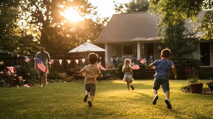 A candid moment of a family in their backyard celebrating Flag Day, with children running with small American flags and parents setting up decorations. The joyful atmosphere is complemented 