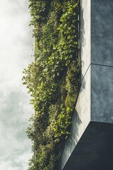 Vertical garden elements on a contemporary building facade create a refreshing contrast with muted green tones. This design showcases sustainable architecture in a tranquil setting