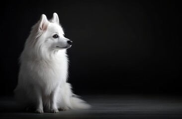 Portrait photograph of a white American Spitz