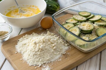 Dill pickle slices being battered with a mixture of flour eggs and breadcrumbs in a shallow dish lying on a wooden cutting board, kitchen tools, flatbreads, dill pickles