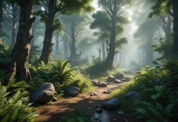 Dense forest ecosystem with various plants and animals, greenery, wildlife,