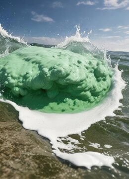 Descripci&oacute;n de un cuerpo de agua con espuma verde en la superficie, marea alta, aguas terrestres