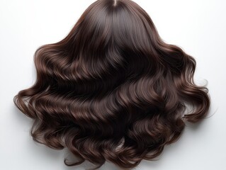 Fototapeta premium A top view of luxurious, wavy brown hair displayed on a white background.