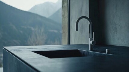 Fototapeta premium Modern Minimalist Kitchen Sink with Mountain View