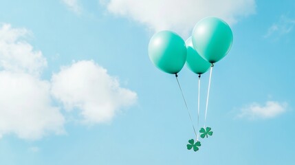 Obraz premium Whimsical Spring Aesthetics Shamrock-Tethered Balloons Against Blue Skies - Saint Patricks Day Wellness Symbolism for Modern Event Marketing and Seasonal Decor Inspiration