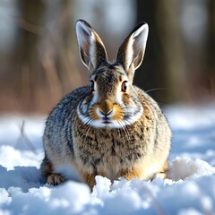 Obraz premium Curious Brown Rabbit Sitting Alertly in Pristine Winter Snow