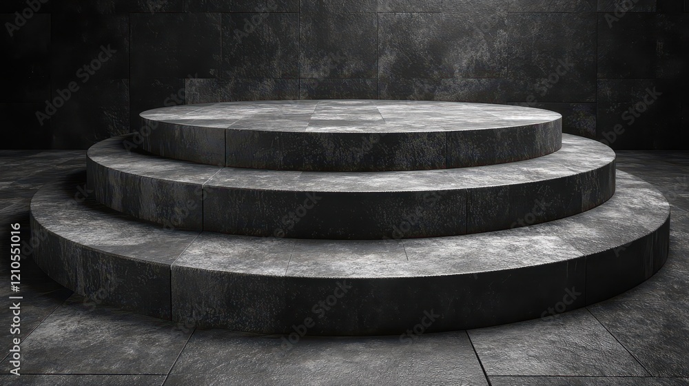 Poster a three-tiered circular platform made of textured stone in a dimly lit space.