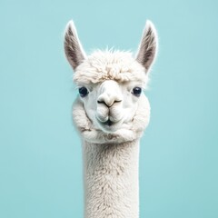 Obraz premium Whimsical White Alpaca on Bright Blue Canvas: A Playful Farm Mammal Portrait