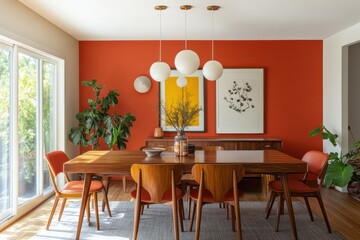 A retro-inspired dining room with bold accent walls, sleek wooden furniture, and pendant lighting